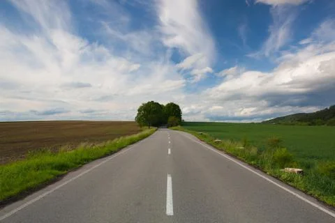 Empty road between summer field at sunset Stock Photos
