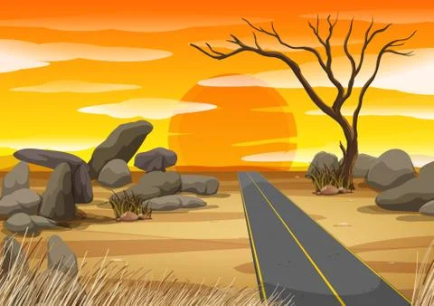 Empty road in desert at sunset Stock Illustration
