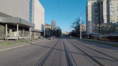 Empty road during quarantine, street with tram tracks, Stock Footage 130210314