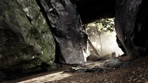Empty road goes through the cave with glowing end Stock Footage 236455116