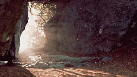 Empty road goes through the cave with glowing end Illustrazione stock