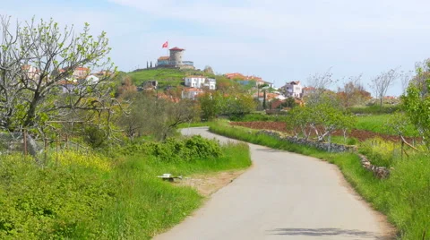 Empty road up to historical mill, cunda, ayvalik, turkey Stock Footage 51366988