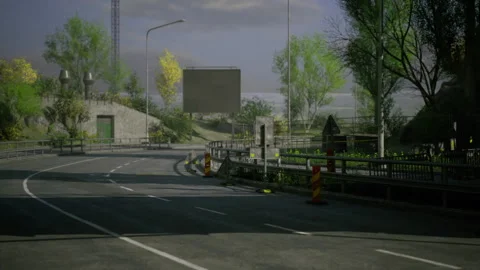 Empty road leads to serene landscape with greenery in late afternoon light Stock Footage 339631120