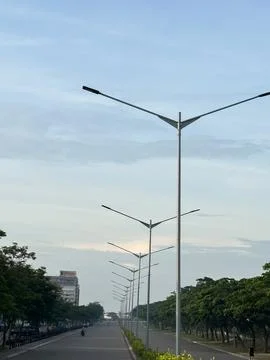 Empty road lined with modern, tall streetlights on one side and a lush row Stock Photos