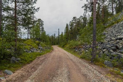 Empty road in the middle of forest in Luosto Lapland Finland Stock Photos