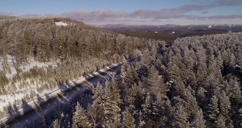 Empty road in the middle of a frozen and snow-covered forest Stock Footage 104480659