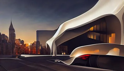 Empty road by modern art building. Ilustración de archivo