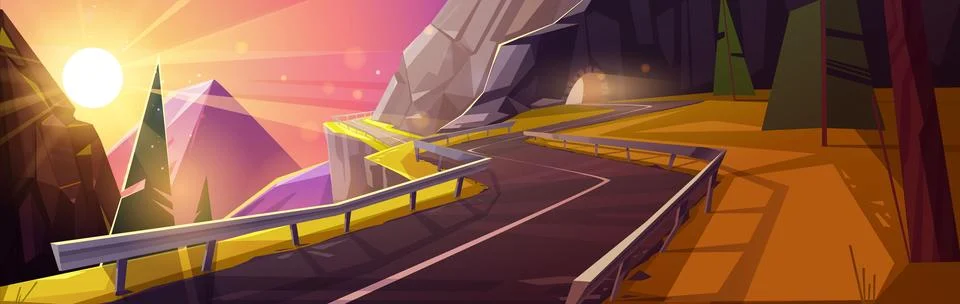 Empty road over cliff in mountains on sunset Stock Illustration