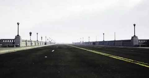 An empty road stretches under a cloudy sky with distant bridge lights Illustrazione stock