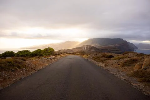 Empty road at sunset in Ponta de São Lourenço in Caniçal. Madeira island Stock Photos