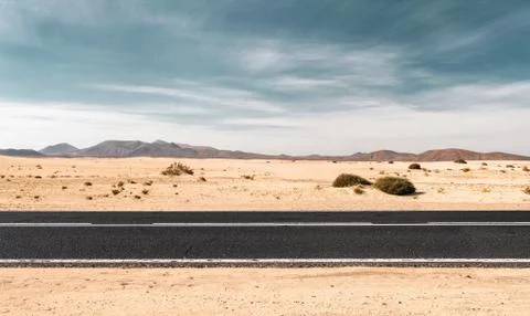 Empty road through the desert dunes with copy space Stock Photos