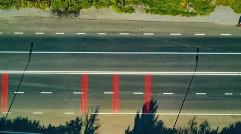 Empty road with trees and traffic lines in a sunny day Stock Photos