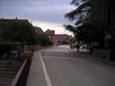 Empty roads and sidewalks in town of illhaeusern france. Stock Photos