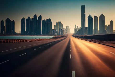 Empty roadway with the skyline and cityscape of China's Qingdao.. Generative AI Stock Illustration