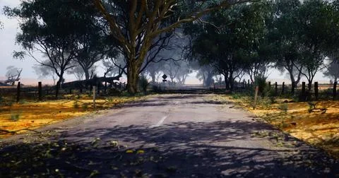 Empty roadway surrounded by trees in a quiet rural setting Stock Illustration