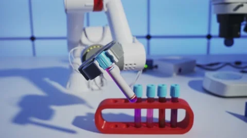 Empty Robot and a test tube with a blood sample for microbiological analysis  Stock Footage 203434988