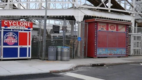 Empty Roller Coaster Attraction Entrance Coney Island Lockdown Foggy Day Video stock 129581119