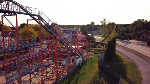 Empty Rollercoaster edge of Amusement Park in Rochester New York Irondequoit Bay Video stock 142164563