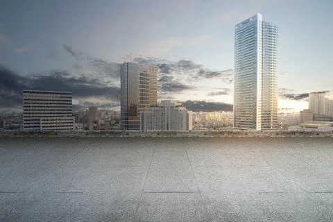 Empty rooftop balcony with view of modern building skyscrapers and futurist.. Stock Photos