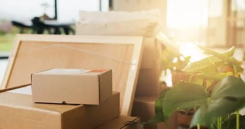 Empty, room and boxes with moving house for property relocation, expired le.. Stock Photos