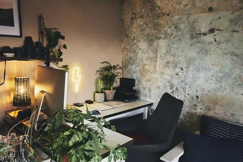 Empty, room and computer on furniture, plants and equipment for setup in Foto stock