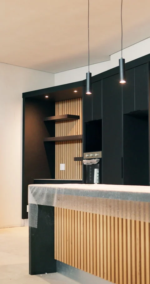 Empty, room and kitchen renovation with cabinetry for modern finish, property Stock Footage 340881555