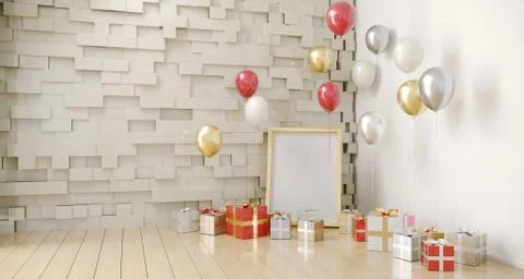 Empty Room With Balloons And Present With Empty White Board. 3D Rendering Stock Illustration