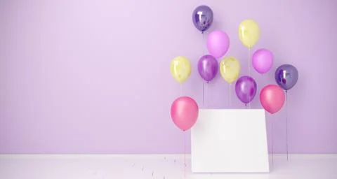 Empty Room With Balloons With Empty White Board. 3D Rendering Stock Illustration