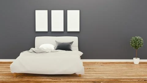 Empty room, bed room dark wall on wooden floor .3D rendering Stock Illustration