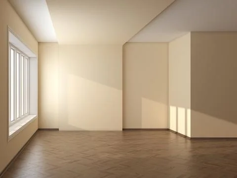 Empty Room with Beige Walls, Large Window, Parquet Floor Stock Illustration