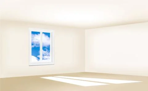 Empty room with beige walls, a window and a blue sky Illustrazione stock