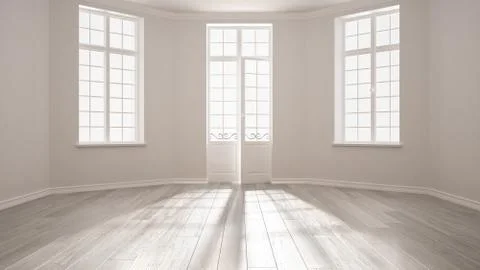 Empty room with big windows ad parquet floor, minimalist classic interior des Stock Illustration