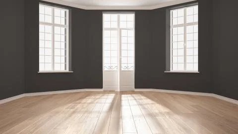 Empty room with big windows ad parquet floor, minimalist classic interior des Stock Illustration