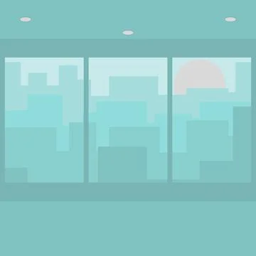 The empty room with a big windows and a city landscape with silhouettes of house Stock Illustration