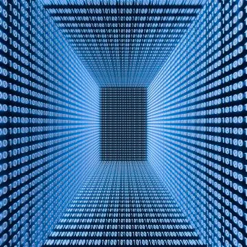 Empty room with binary code on the walls 3D illustration Stock Illustration