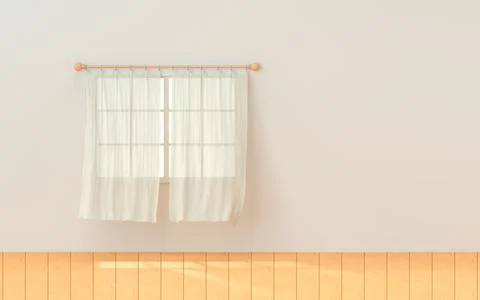 Empty room with blowing curtain, interior background, 3d rendering. Stock Illustration