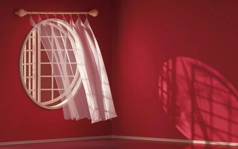 Empty room with blowing curtain, interior background, 3d rendering. Stock Illustration