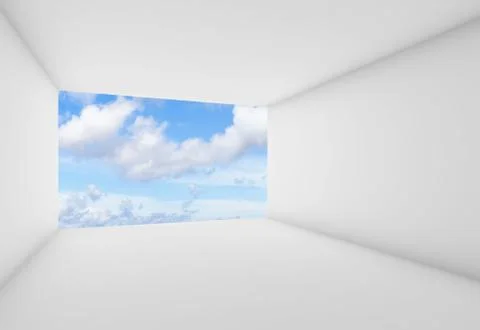 Empty room with blue cloudy sky, 3d Stock Illustration