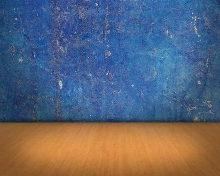Empty room with blue grunge wall and smooth wooden floor Fotos de archivo