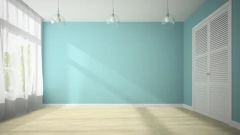 Empty room with blue wall 3D rendering Stock Illustration