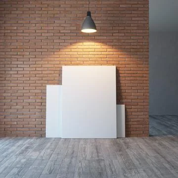 Empty room with brick wall and lighting, 3d rendering Stock Illustration