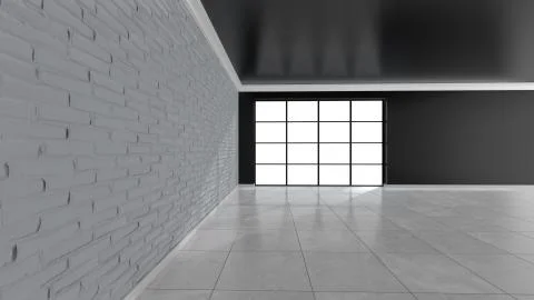 Empty room with brick wall and stained glass windows. 3D rendering Illustrazione stock