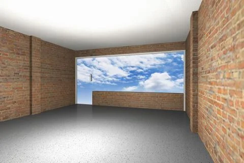 Empty room with brick wall, sky background Stock Illustration