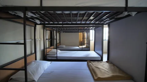 Empty room for a cheap hostel with bunk beds. Stock Footage 108002839