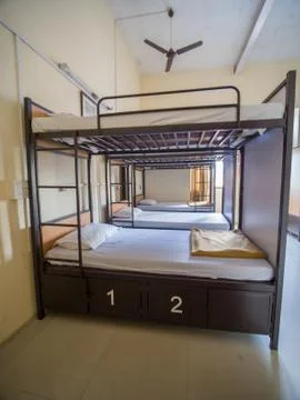 Empty room for a cheap hostel with bunk beds in India. Stock Photos