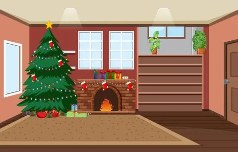 Empty room with Christmas tree and fireplace decorated with Christmas element Stock Illustration