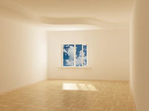 Empty room. Cloudscape behind the open window. 3D image Illustrazione stock