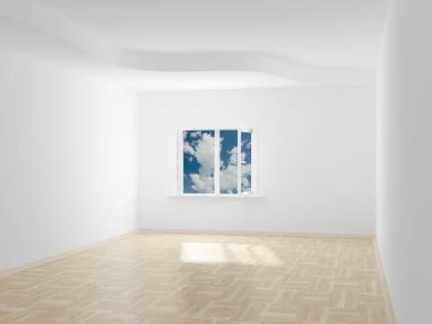 Empty room. Cloudscape behind the open window. 3D image Illustrazione stock
