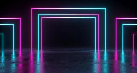 Empty Room With Colored Rectangle Neon Tubes With Reflection On Concrete Floo 스톡 일러스트