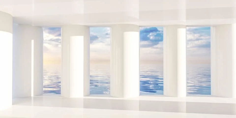 Empty room with columns and ocean view 3d render illustration Stock Illustration